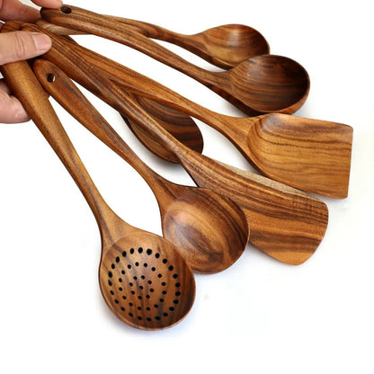 Thailand Teak Natural Wood Tableware Spoon Ladle Turner Long Rice Colander Soup Skimmer Cooking Spoons Scoop Kitchen Tool Set