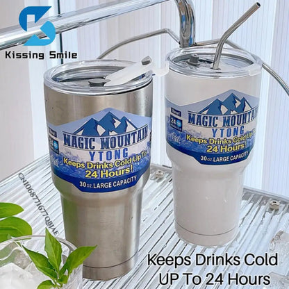 Magic Mountain Vacuum Cup Thermal Car Mug Freeze Thermos Flasks Stainless Steel Water Bottle with Straw Keep Cold Tumbler 30oz